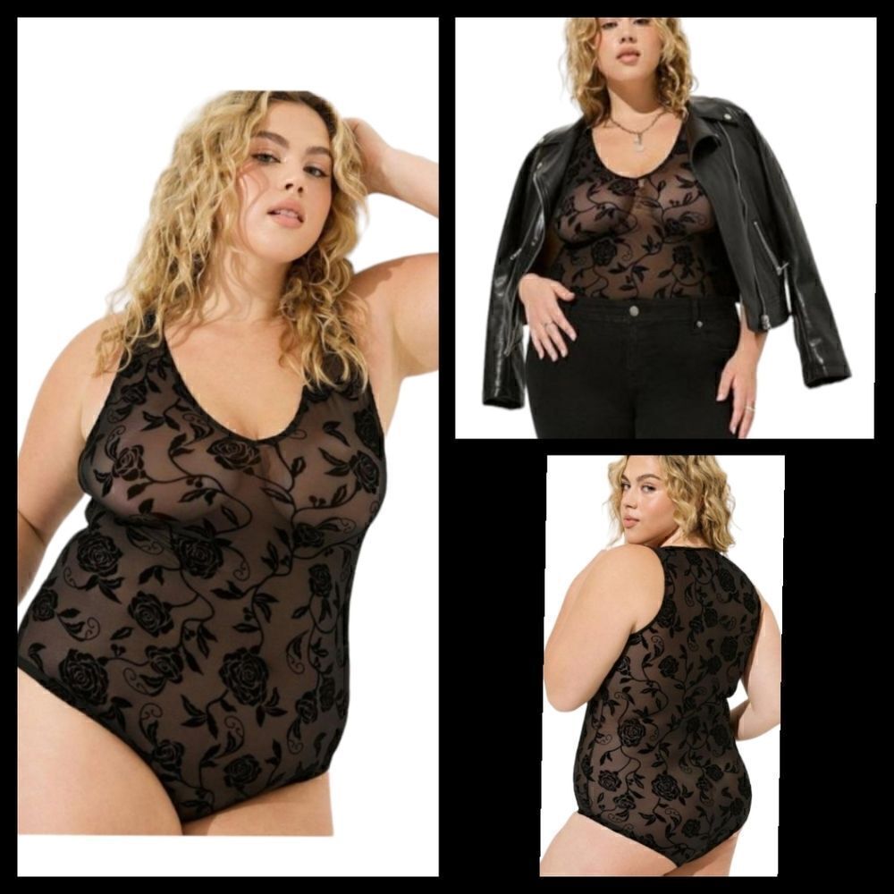 5X 28W Torrid Black Rose Flocked Mesh Bodysuit Sheer Lingerie Boudoir V Neck NWT